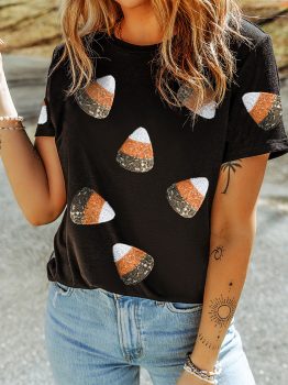 Black Sequin Candy Patched Pattern Halloween T Shirt