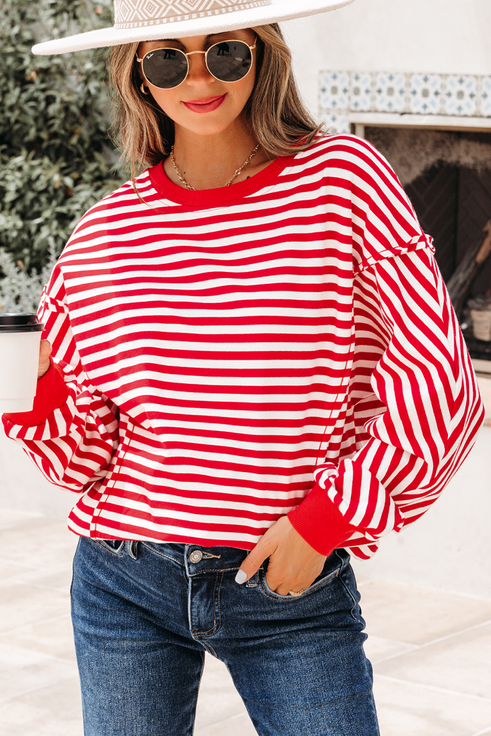 Red Stripe Exposed Seam Drop Shoulder Casual Pullover Top - Image 4