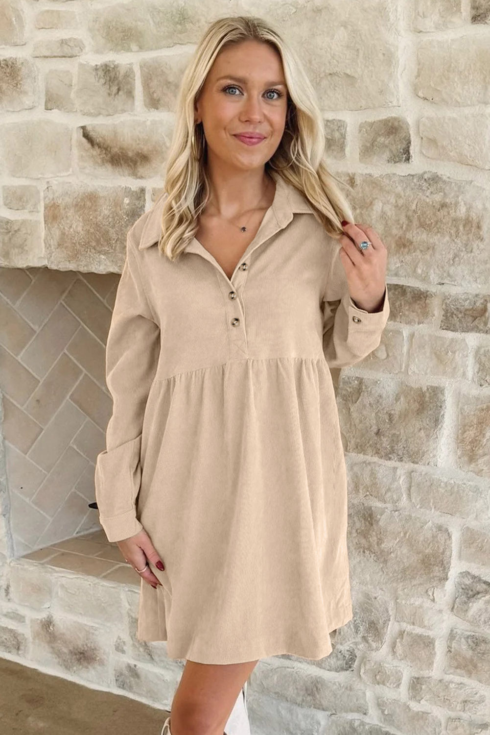 Oatmeal Corduroy Half Button Collared Long Sleeve Mini Dress - Image 3