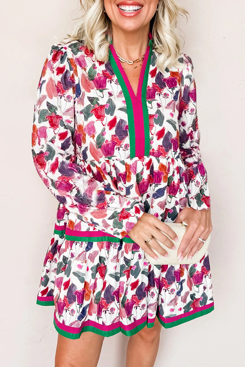 Purple Floral Print Contrast Striped Detail Long Sleeve Mini Dress - Image 2