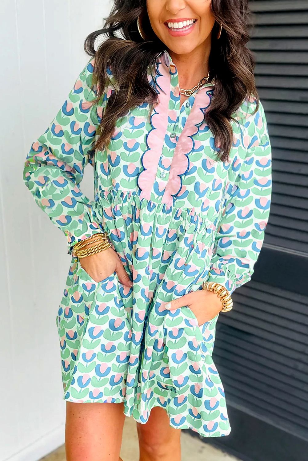 Green Floral Print Notched Neck Scalloped Detail Long Sleeve Mini Dress - Image 2