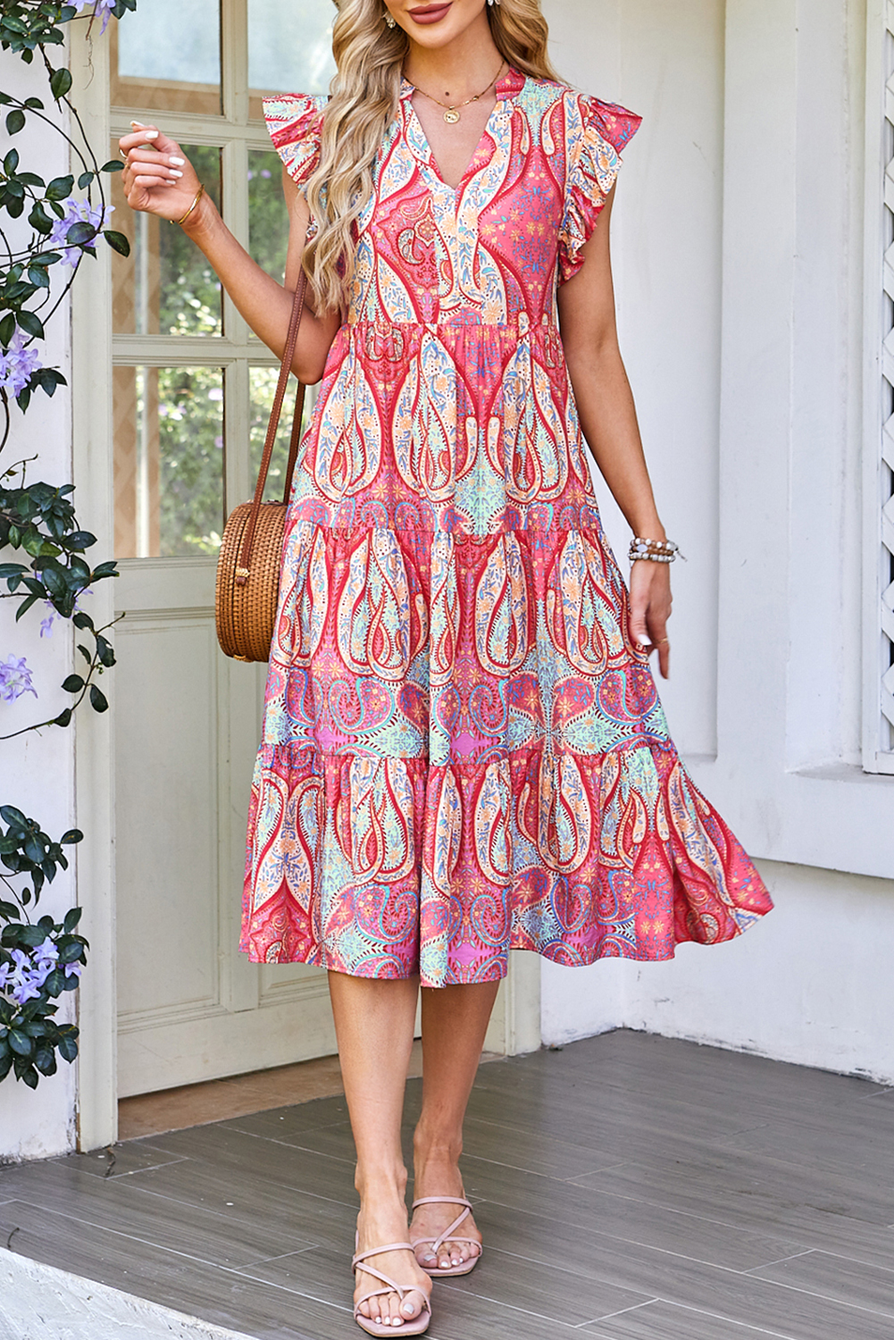 Rose Tribal Paisley Print Ruffled Sleeve Notch Neck Midi Dress - Image 7