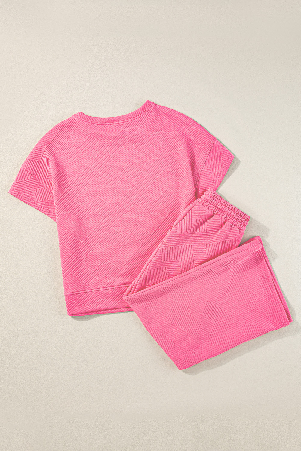 Strawberry Pink Textured Loose Fit T Shirt and Drawstring Pants Set - Image 7