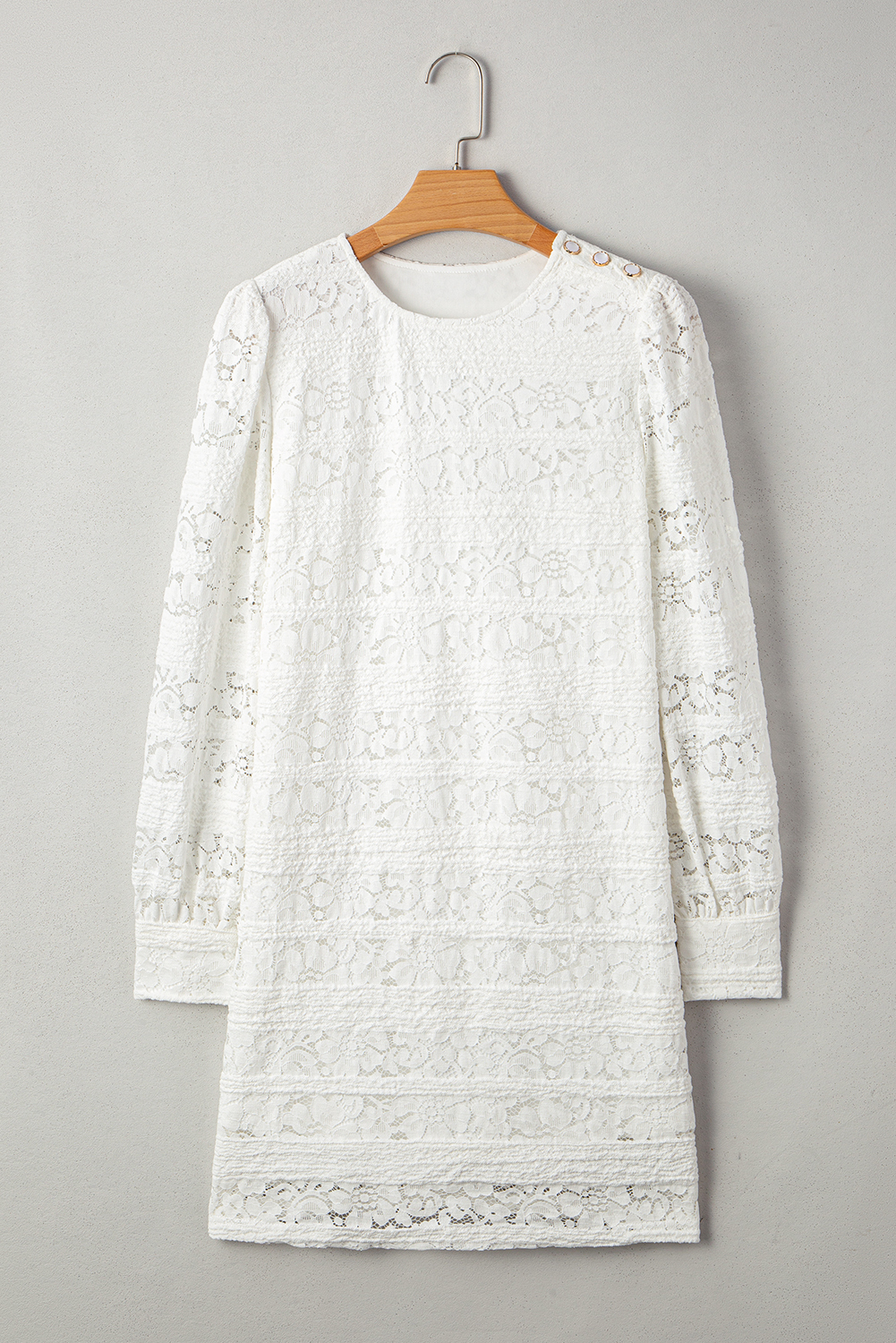 White Lace Crochet Round Neck Puff Sleeve Shift Mini Dress - Image 5