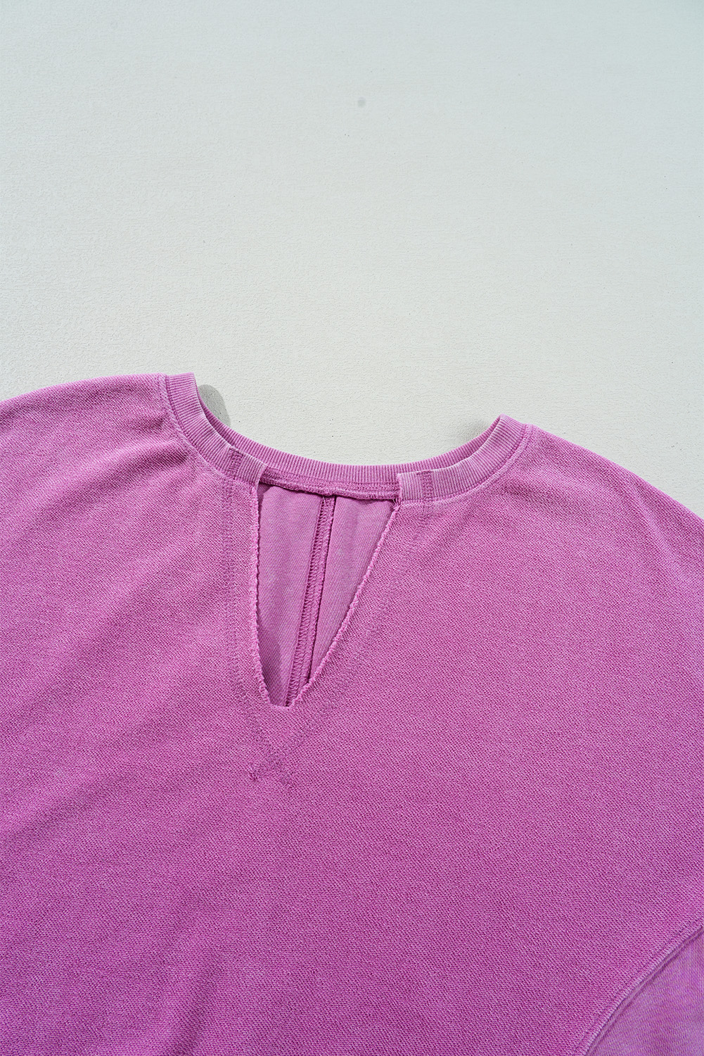 Bright Pink Solid Color Notched Neck Drop Shoulder Sweatshirt - Image 7