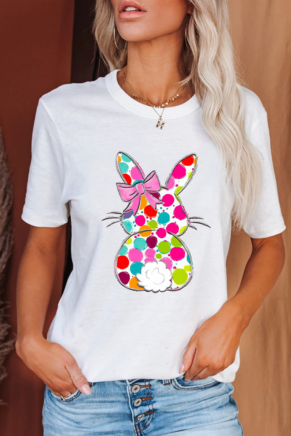 White Polka Dot Bow Rabbit Graphic Crewneck Easter Fashion Tee - Image 3