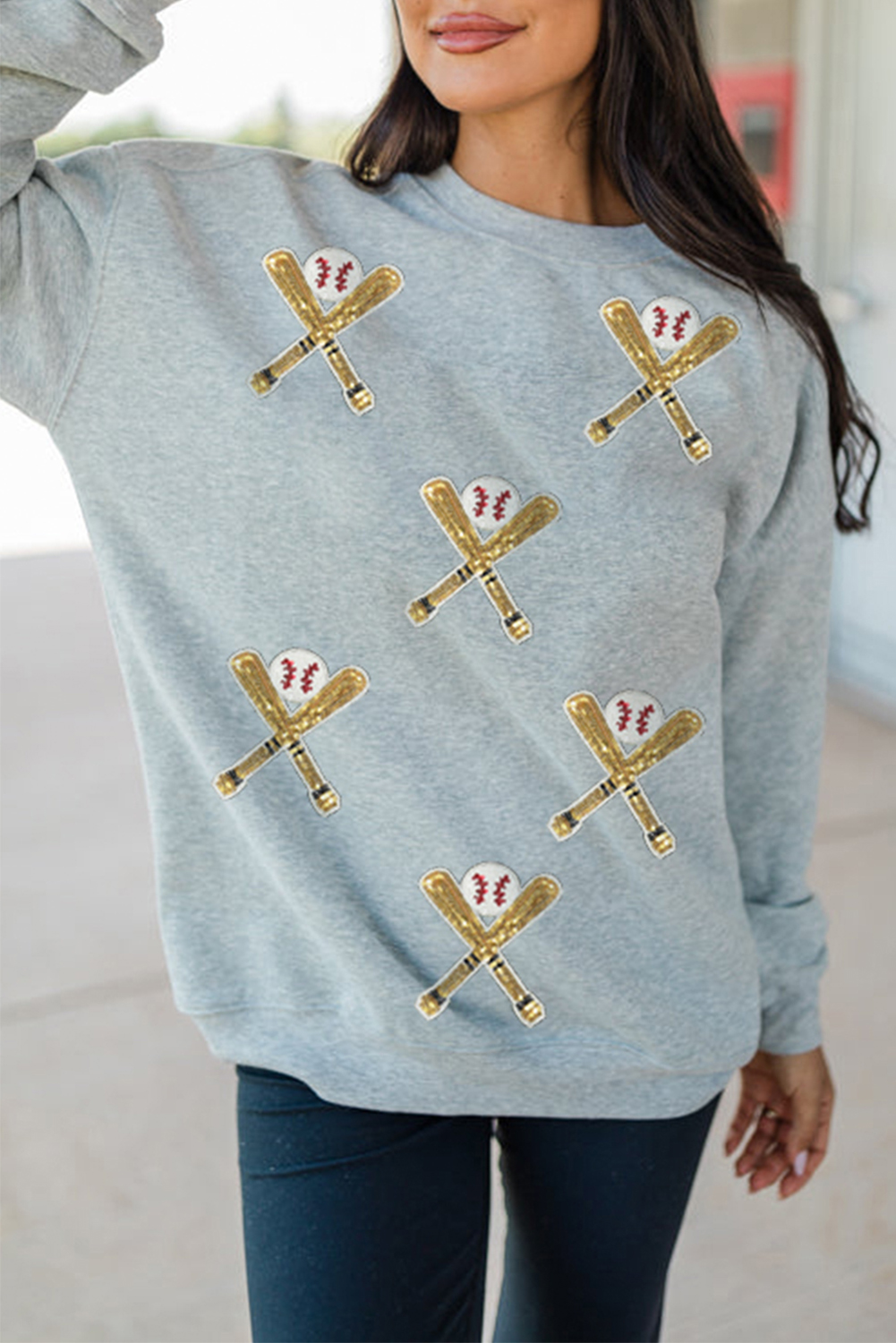 Gray Sequin Baseball Game Day Graphic Casual Sweatshirt - Image 8