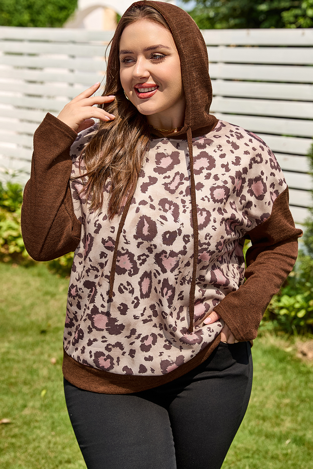 Brown Leopard Print Knit Patchwork Plus Hoodie - Image 5