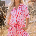 Pink Western Cowgirl Boots Printed Shirt Ruffled Shorts Pajama Set