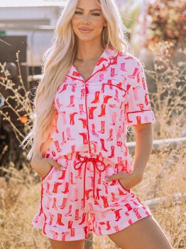 Pink Western Cowgirl Boots Printed Shirt Ruffled Shorts Pajama Set