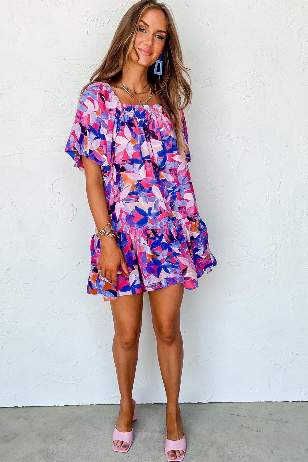 Purple Flower Print Short Puff Sleeve Ruffled Dress - Image 7