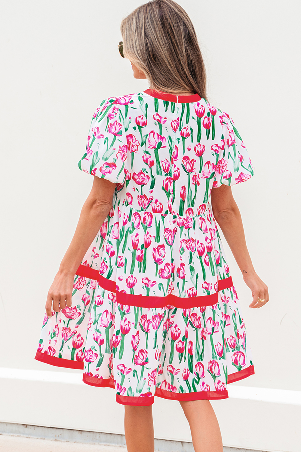 Pink Floral Print Contrast Trim V Neck Bubble Short Sleeve Babydoll Dress - Image 4