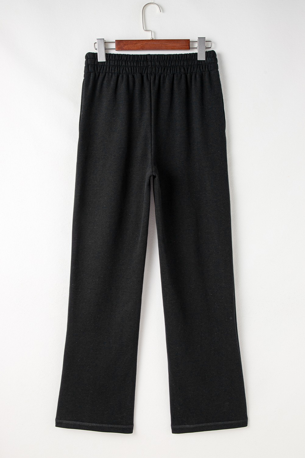 Black Solid Color Fleece Lined Drawstring Waist Casual Pants - Image 7