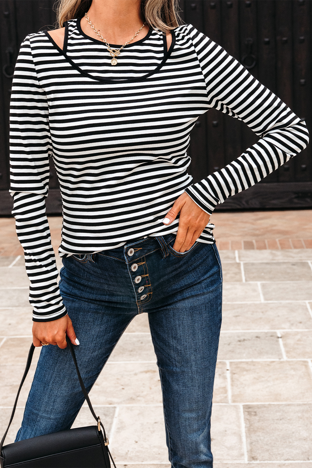 Black Stripe Double-layer Cold Shoulder Long Sleeve Top - Image 6