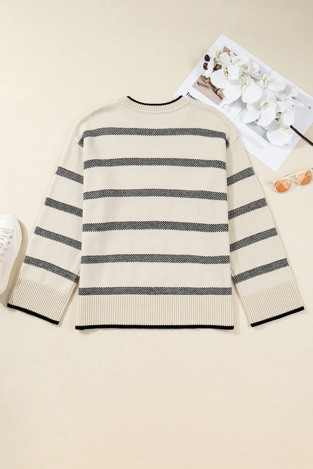 Apricot Stripe Wide Sleeve Drop Shoulder Crew Neck Plus Sweater - Image 6