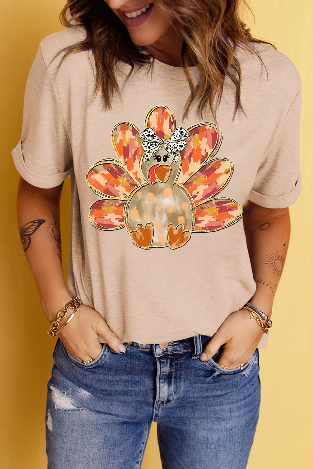 Khaki Thanksgiving Bowknot Turkey Graphic Crewneck Tee - Image 2