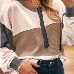 Jet Stream Waffle Patchwork Colorblock Half Buttons Casual Plus Size Knit Jumper