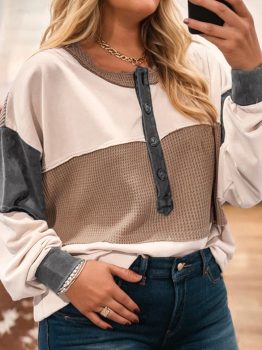 Jet Stream Waffle Patchwork Colorblock Half Buttons Casual Plus Size Knit Jumper