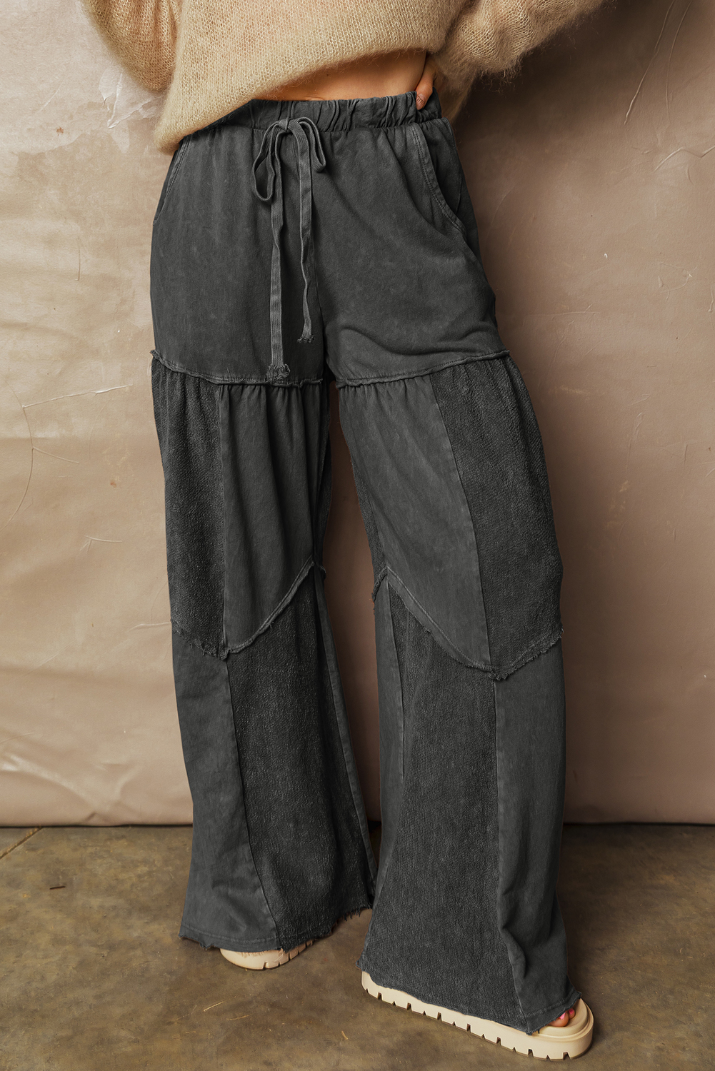 Black Mineral Wash Tiered Wide Leg Patchwork Drawstring Pants - Image 5