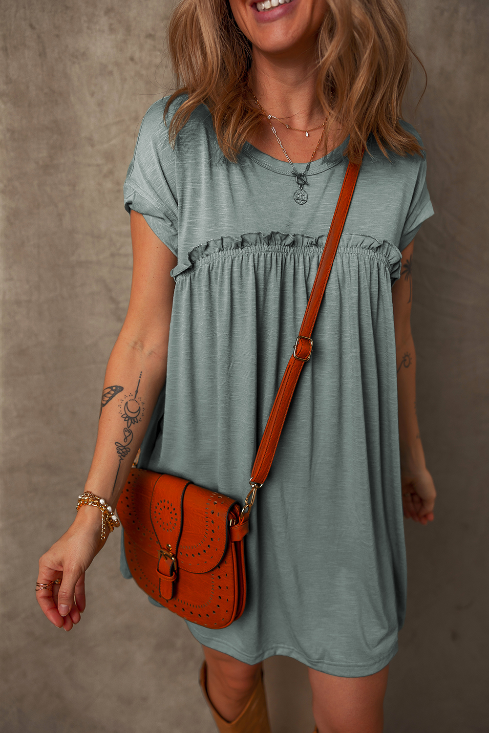 Mist Green Frilled Gathered Seam Round Neck T Shirt Dress - Image 7