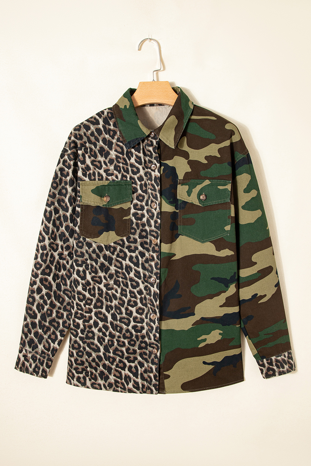 Brown Leopard Camo Patchwork Oversize Shacket - Image 4