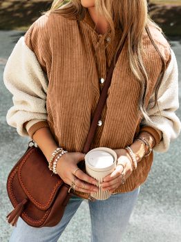 Buckskin Corduroy Fleece Patchwork Buttoned Bomber Jacket