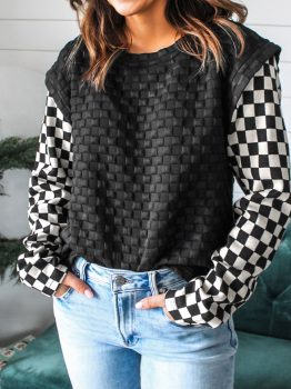 Black Plaid Textured Contrast Checkered Patchwork Long Sleeve Top