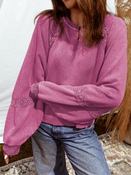 Rose Red Lace Patchwork Detail Notched Neck Mineral Wash Baggy Sweatshirt