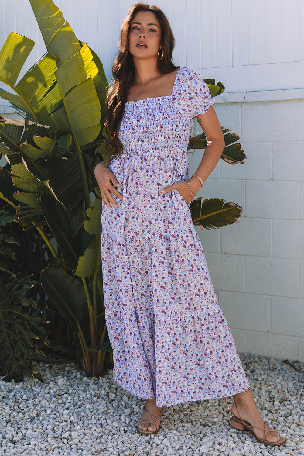 Purple Floral Short Bubble Sleeve Shirred High Waist Maxi Dress - Image 4