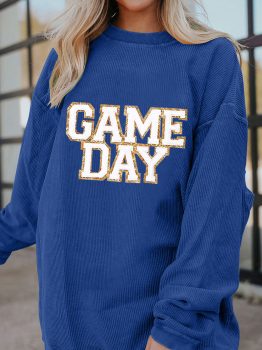 Dark Blue GAME DAY Glitter Detail Ribbed Drop Shoulder Sweatshirt
