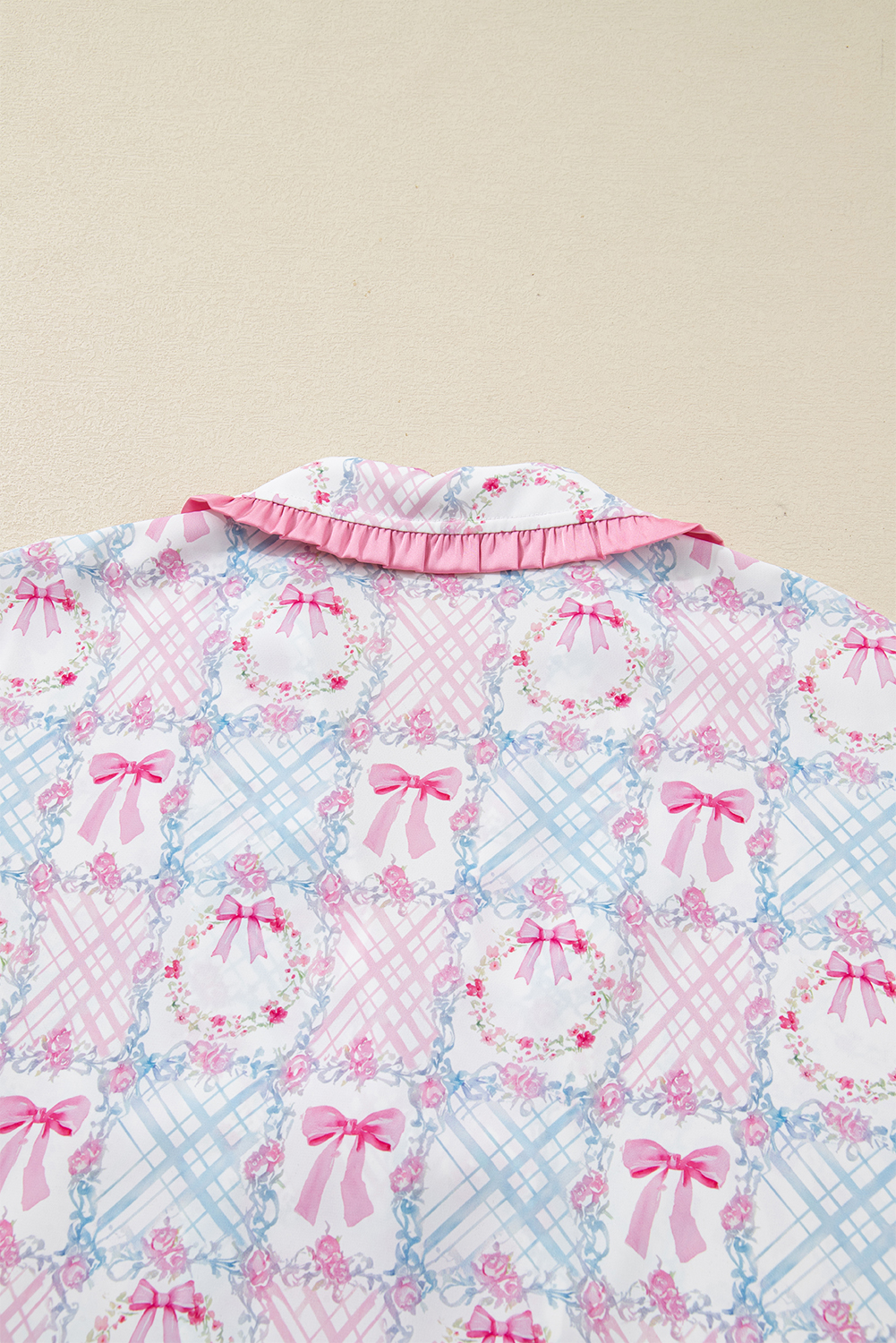 Pink Bow Wreath Pattern Christmas Holiday Tied Front Long Sleeve 2pcs Pajama Set - Image 6