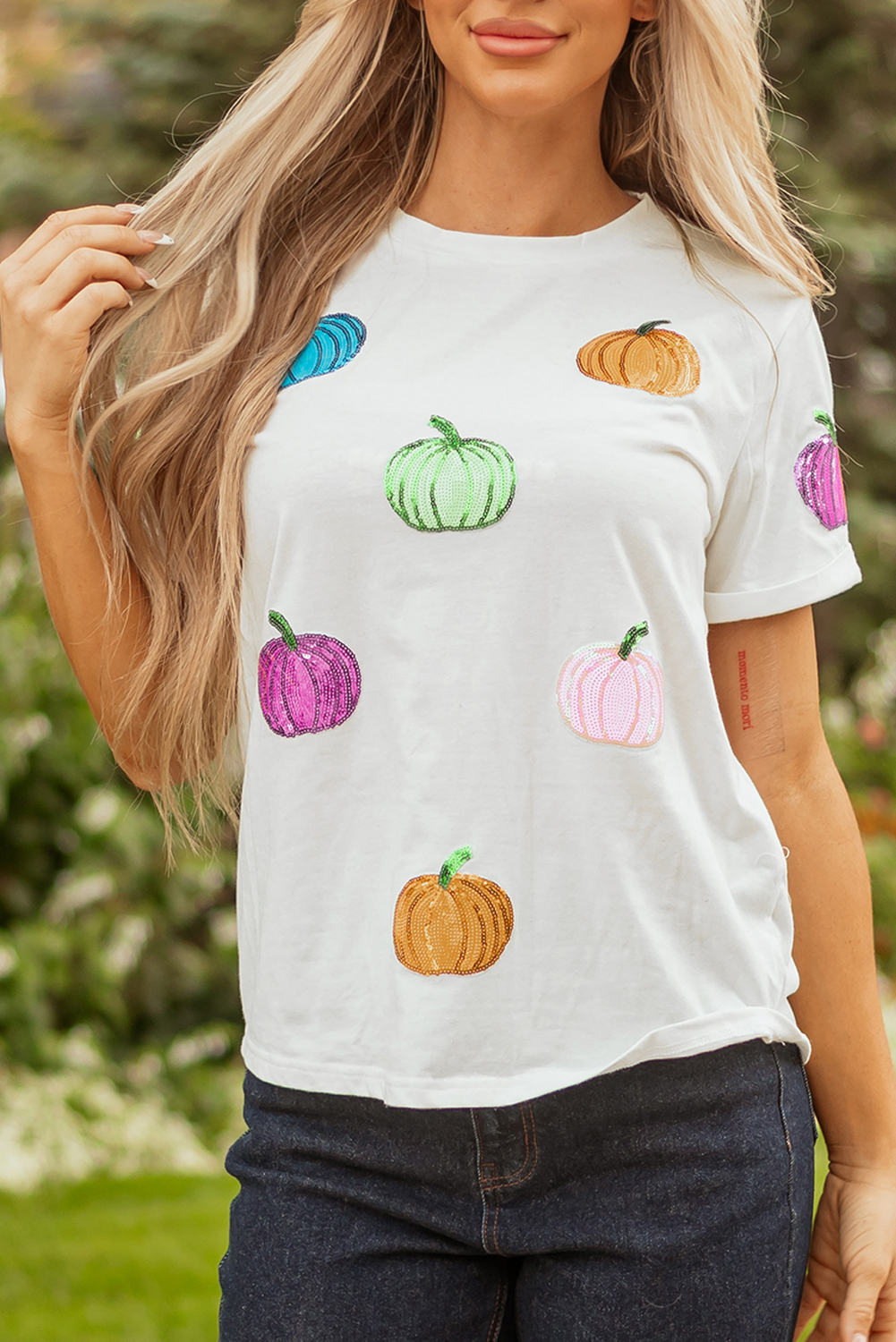 White Sequin Pumpkin Patched Cotton Blend T Shirt - Image 7