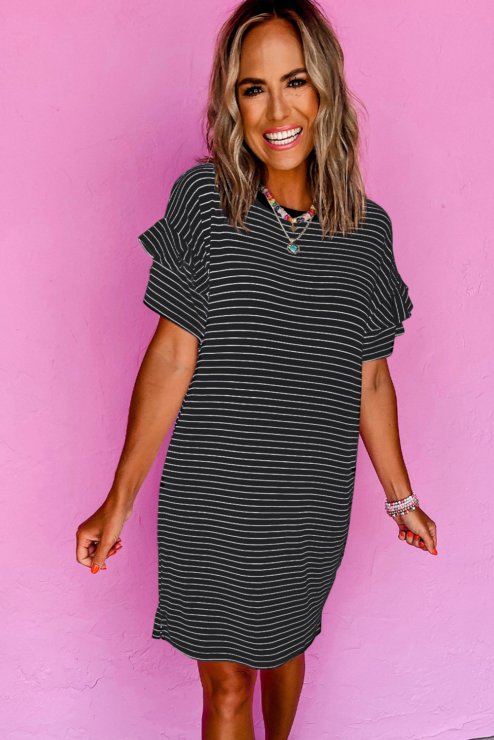 Black Stripe Ruffled Short Sleeve Crew Neck T Shirt Shift Mini Dress - Image 7