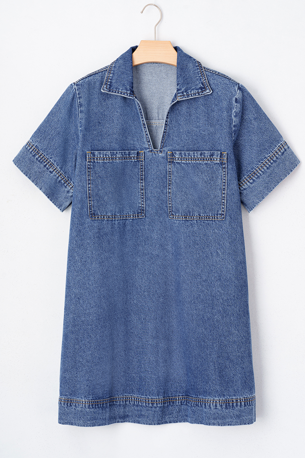 Blue Short Sleeve Collared Patched Pocket Denim Mini Dress - Image 3