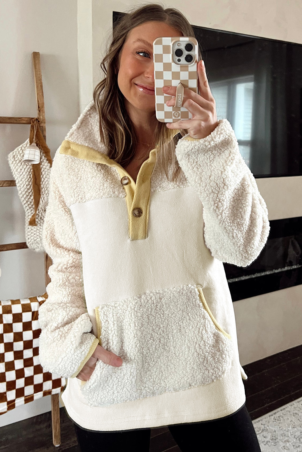 Beige Fleece Colorblock Trim Buttons Collar Sweatshirt with Pocket - Image 4