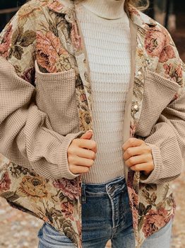 Khaki Floral Waffle Knit Patchwork Chest Pockets Buttoned Jacket
