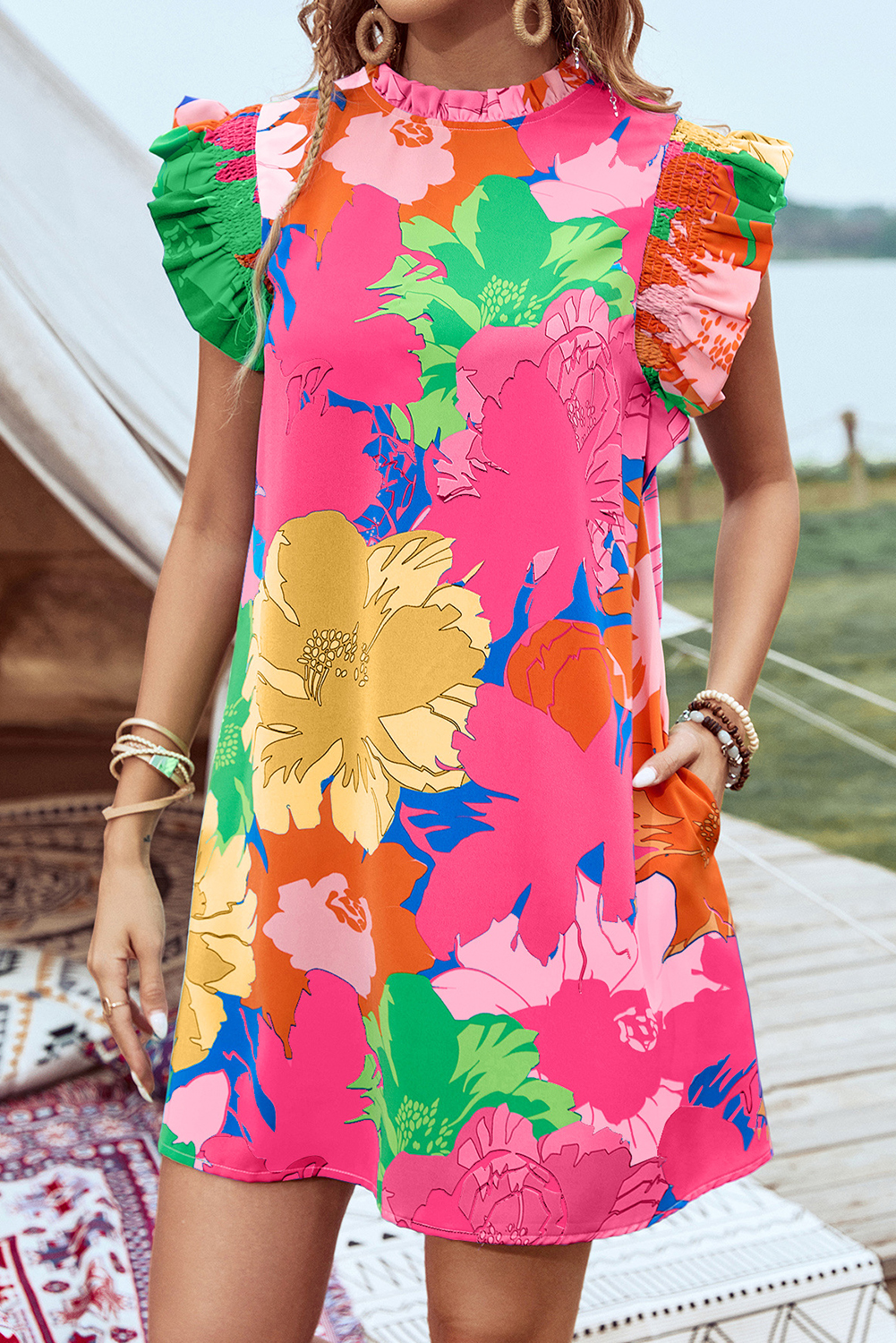 Pink Bold Floral Flutter Sleeve Shift Mini Dress with Pockets - Image 4