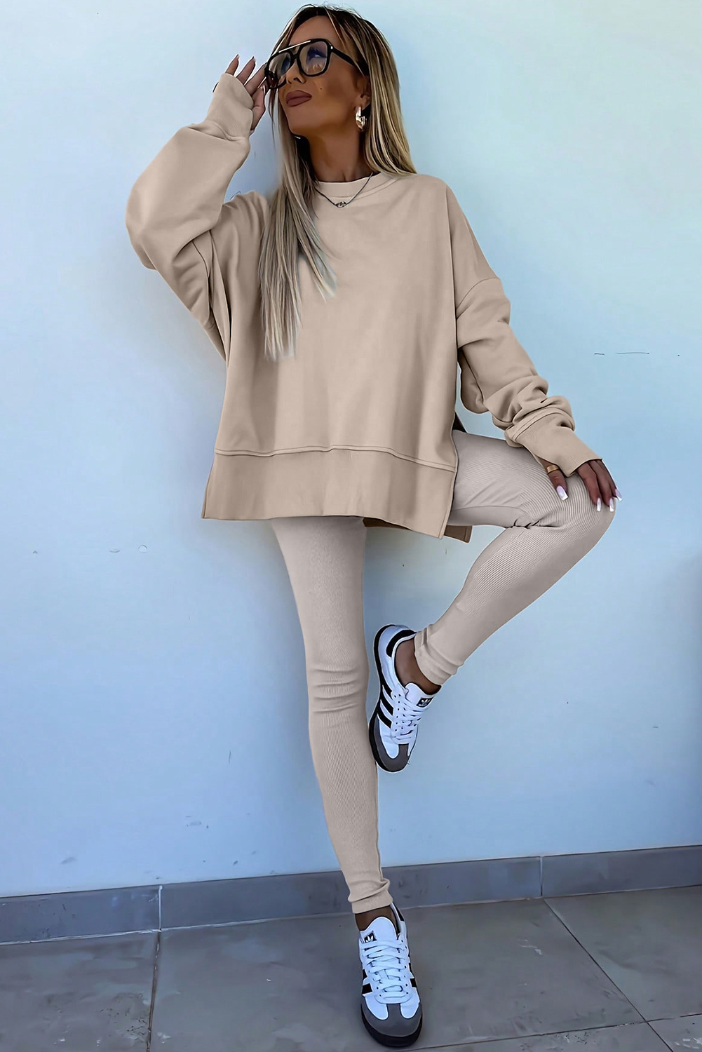 Jet Stream Solid Color Oversize Slit Sweatshirt Ribbed Leggings 2pcs Set - Image 5