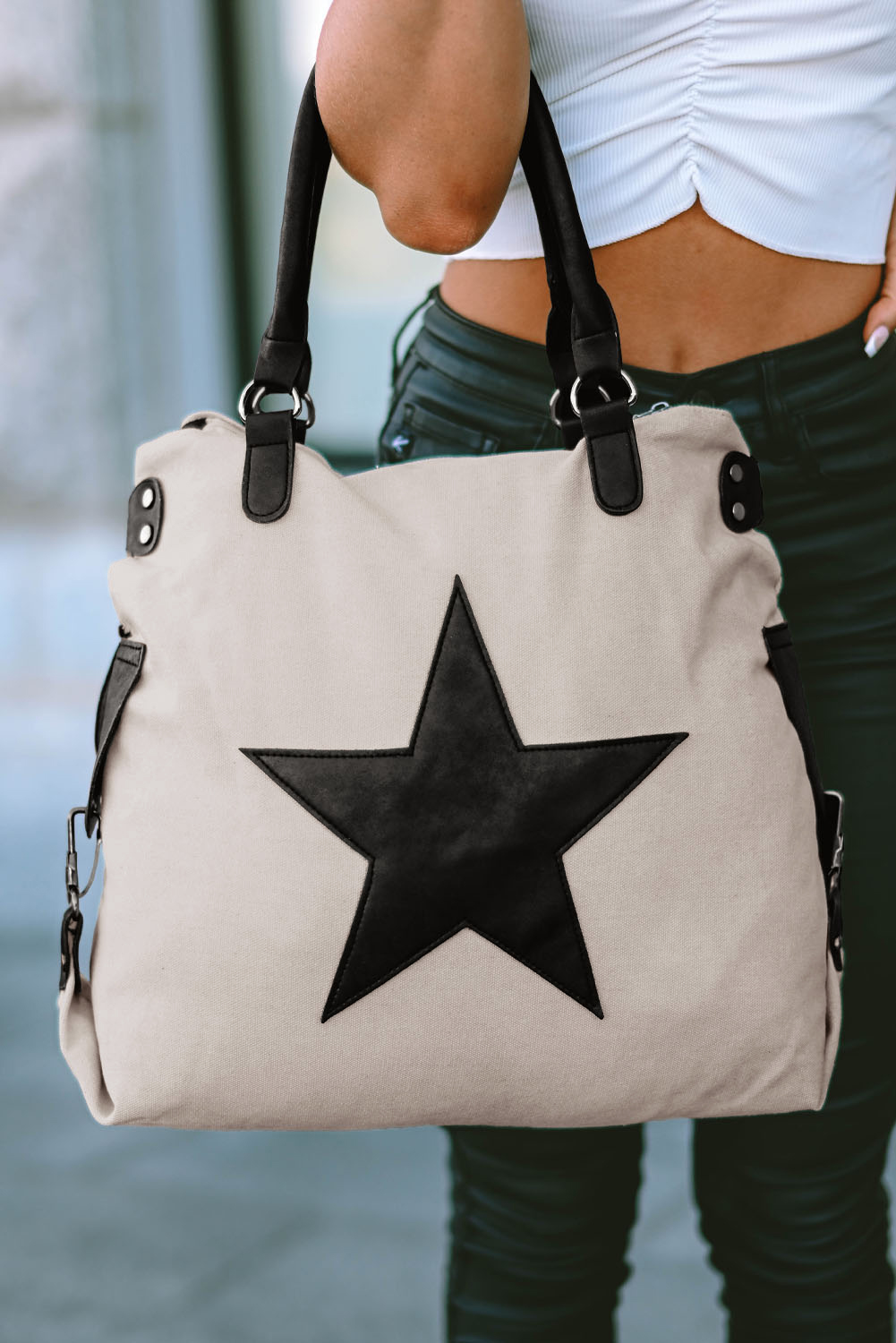 Beige Casual Five-pointed Star Canvas Tote Bag - Image 7