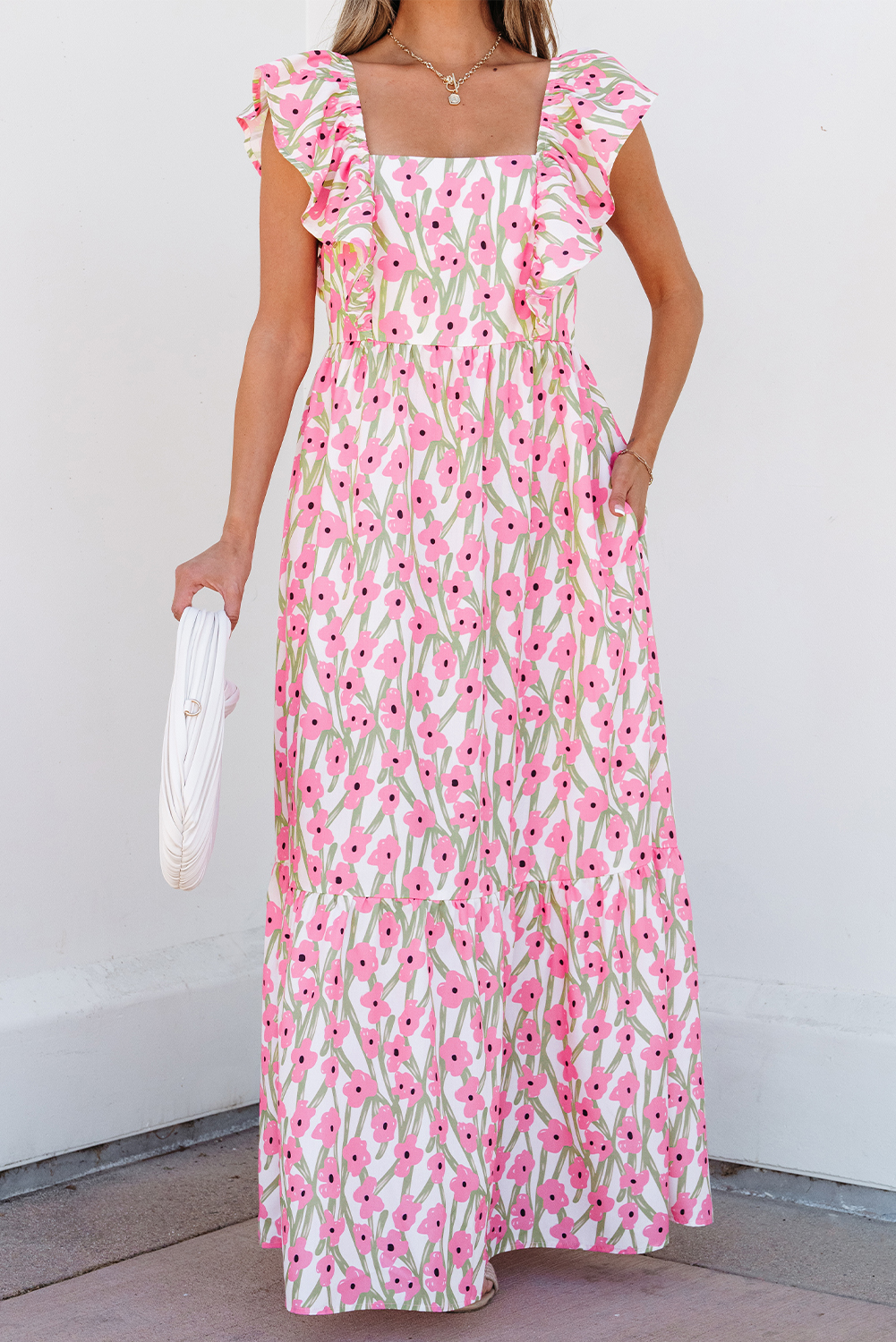 Pink Floral Print Square Neck Ruffled Strap Maxi Dress - Image 7