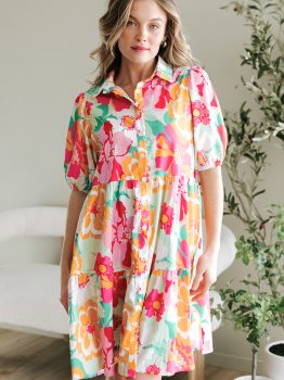 Pink Floral Puff Sleeve Collar Buttoned Babydoll Dress