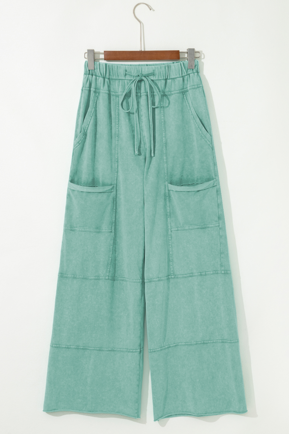 Mint Green Mineral Wash Exposed Seam Drawstring Elastic Waistband Wide Leg Cargo Pants - Image 6