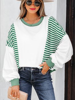 Green Stripe Colorblock Patchwork Contrast Stitching Oversize Sweatshirt