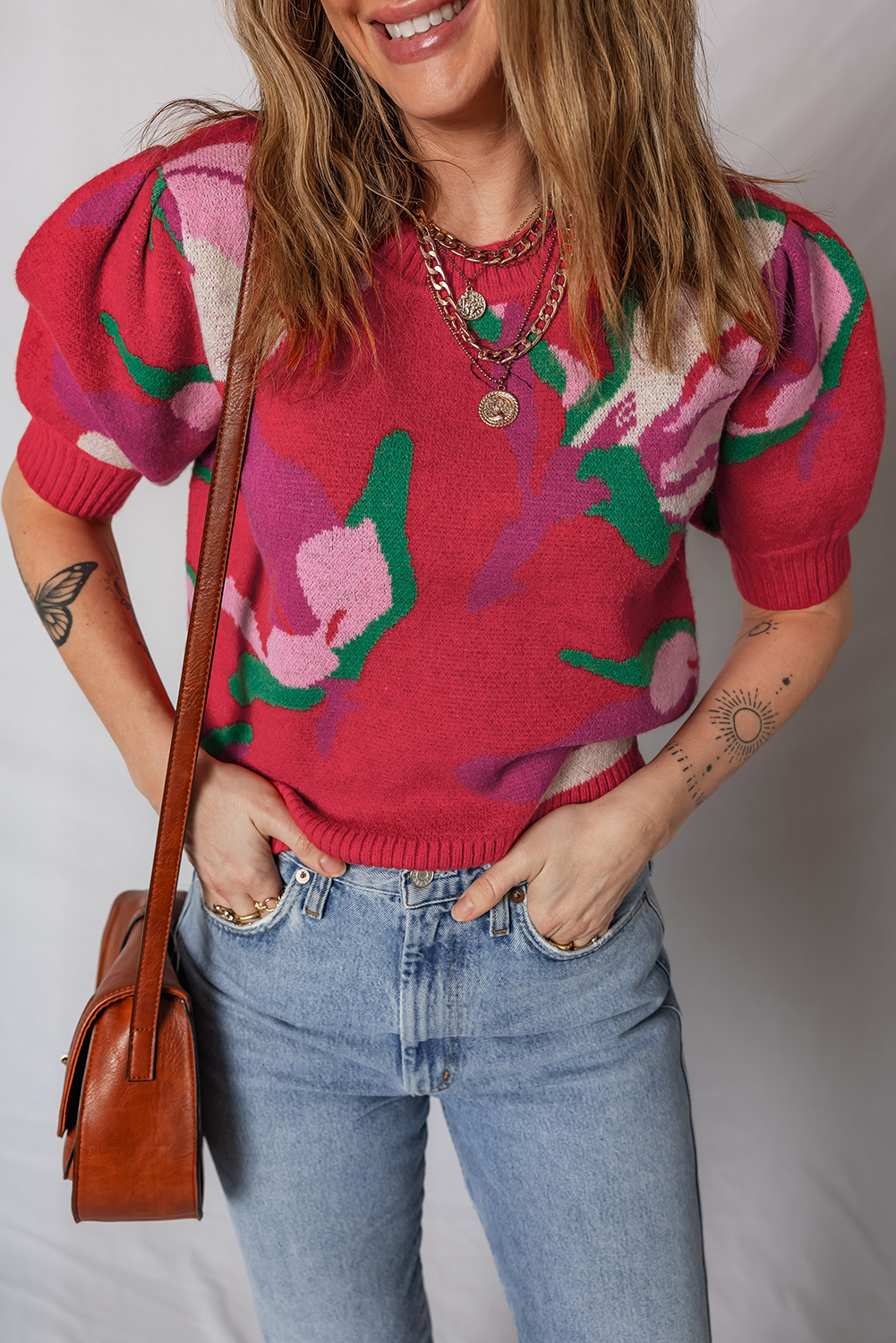Red Floral Abstract Print Short Puff Sleeve Sweater - Image 4