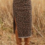 Brown Leopard Denim Frayed Split Denim Midi Skirt