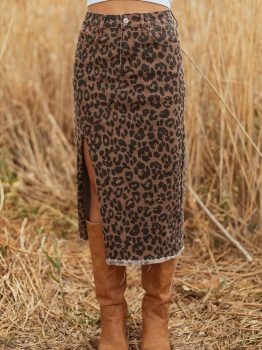 Brown Leopard Denim Frayed Split Denim Midi Skirt