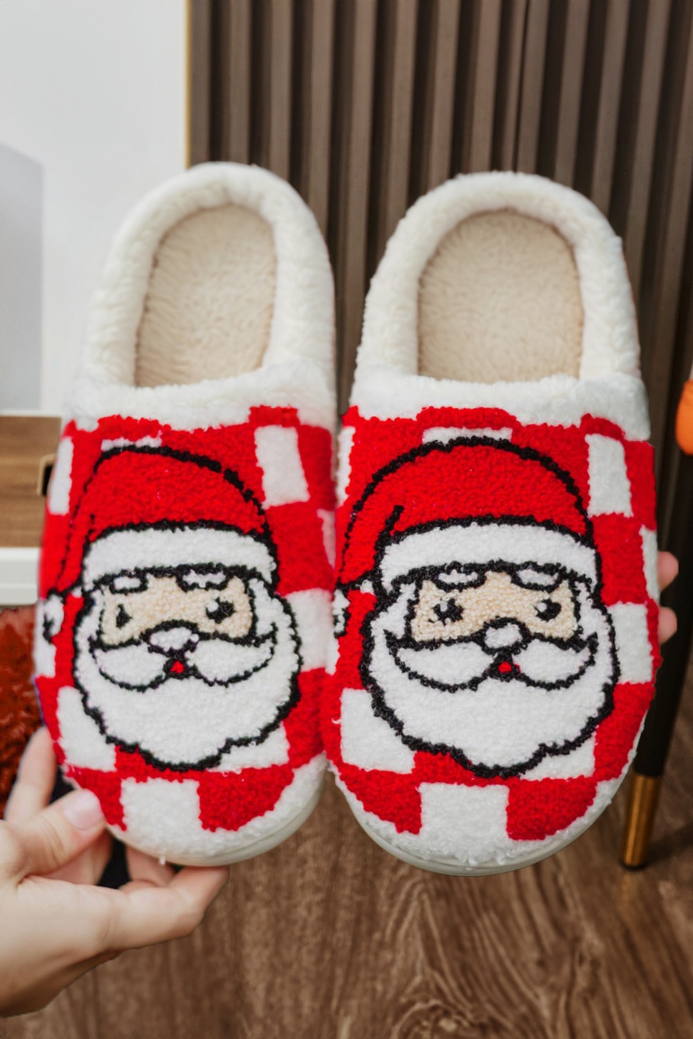 Fiery Red Checkered Santa Claus Graphic Plush Home Slippers - Image 5
