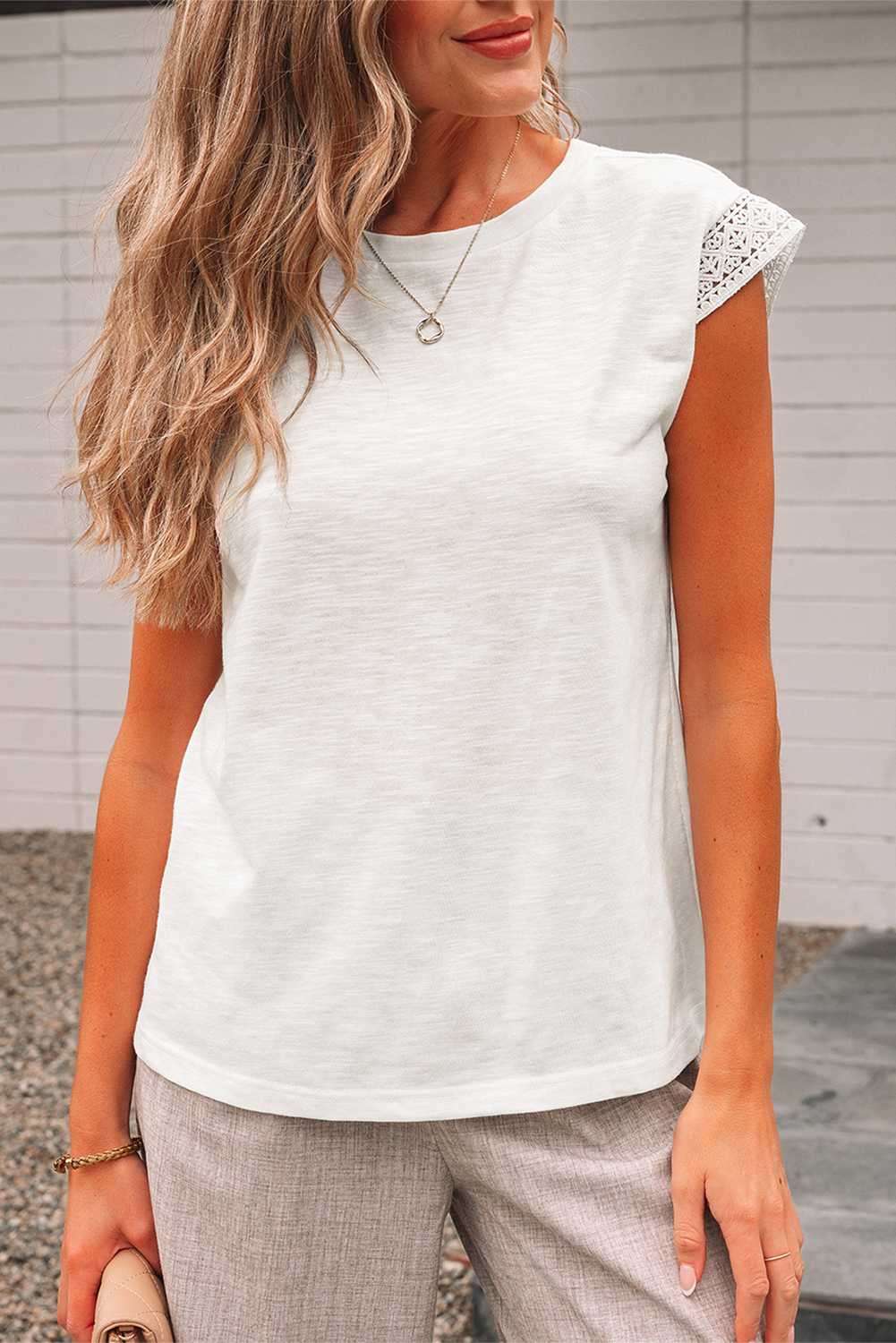 White Lace Patchwork Cap Sleeve Round Neck T Shirt - Image 8
