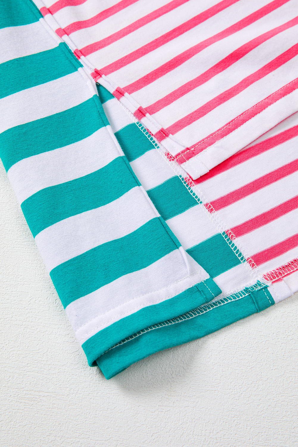 Pink Stripe Mixed Pattern Patchwork Uneven Hem Loose Tee - Image 8