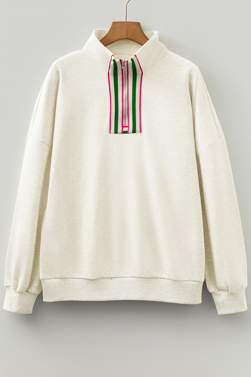 Light Grey Contrast Striped Patchwork Zip Collar Pullover Sweatshirt - Image 5